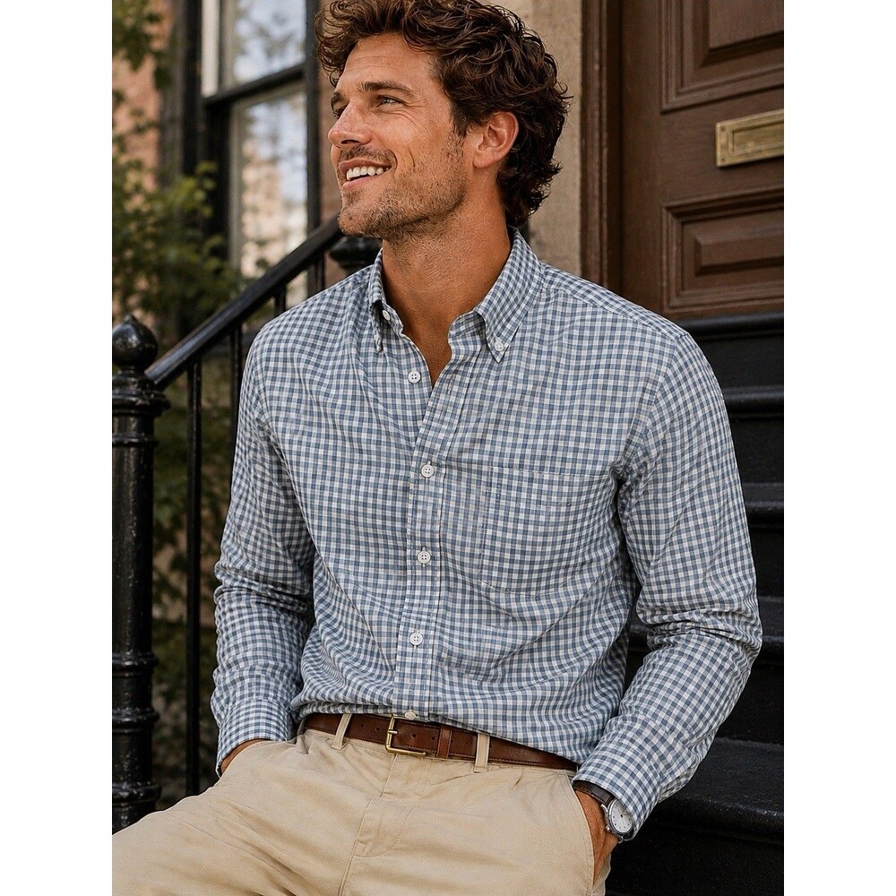 J Crew Tall Gingham Button Down Shirt Mens M Blue Flex Stretch Preppy Fall K1643